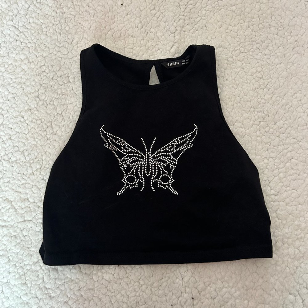 Black Butterfly Rhinestone Y2k-Styled Croptop